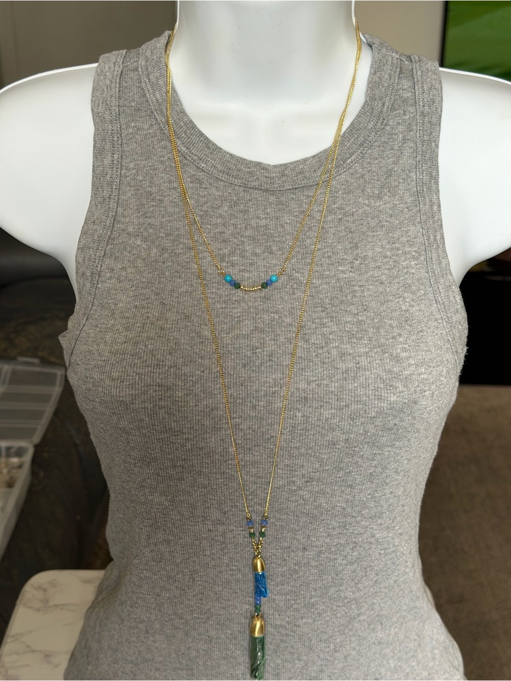 Karen Kane Gold-Tone Layered Necklace with Blue and Green Beads